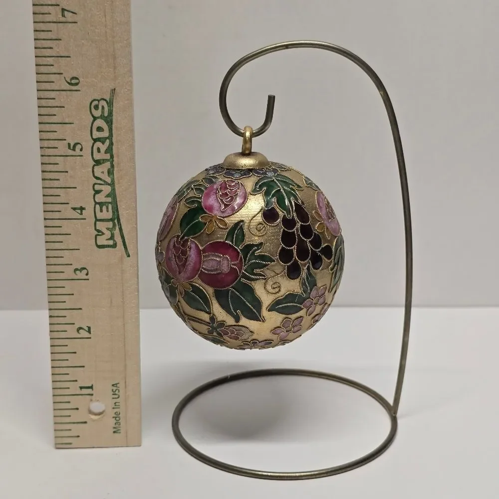 Vintage Floral Cloisonne Enameled Gold Ball Ornament With Stand Christmas Decor